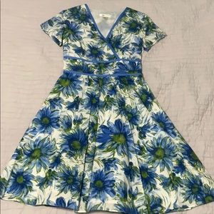 Retro Blue Green Floral A-Line Summer Dress